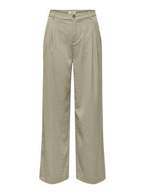 Beige vidbukse med høyt liv, forfolder foran, beltestropper og knappelukking.