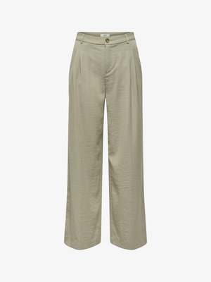 Pantalon beige taille haute à jambes larges avec plis devant, passants pour ceinture et fermeture par bouton.