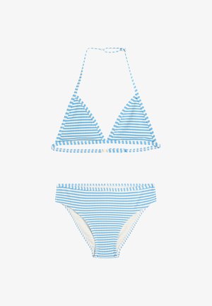 Tweedelige bikini met blauw-witte horizontale strepen, bestaande uit een halter driehoekstopje en bijpassende mid-rise broekjes.
