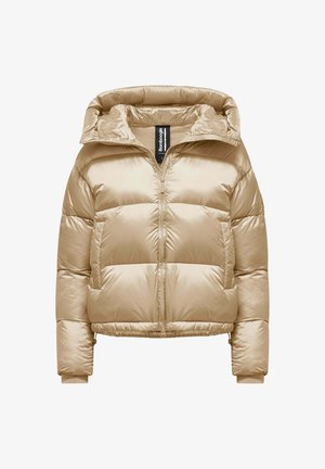 Beige pufferjack met een glanzende afwerking, ritsluiting, ruime capuchon en elastische manchetten. Heeft gestikte biezen en een ontspannen pasvorm.