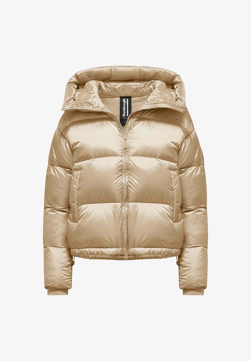 Beige puffer jacket with a glossy finish, zip closure, wide hood, and elastic cuffs. Features quilted stitching and a relaxed fit.