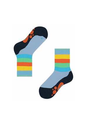 Bunte Socken mit einer Mischung aus Streifen in Gelb, Grün und Orange, auf einem blauen und marineblauen Grund und mit strukturiertem, rutschfestem Griff an der Sohle.