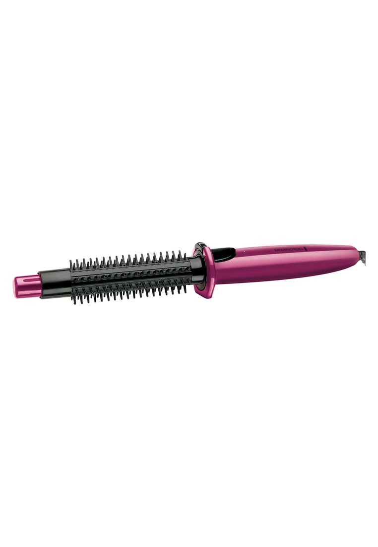 Cepillo de peluquería con mango rosa y cerdas negras para estilizar el cabello, combinando un cepillo y una plancha de rizar calefaccionada.