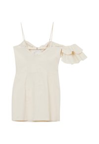 Krémové šaty s tenkými ramínky, které mají volánkový detail bez ramínek a zip na zadní straně. Hladká textura látky.