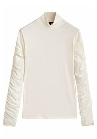 Weißes Rollkragenoberteil mit langen, gerafften Ärmeln. Hergestellt aus weichem Stoff, mit einer glatten Textur und tailliertem Design.