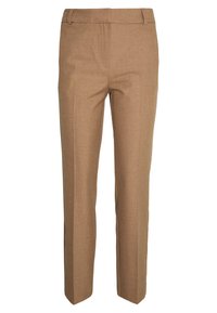 Brown tailored trousers made of textured fabric. Slim straight cut with belt loops and a smooth front. No visible pockets.