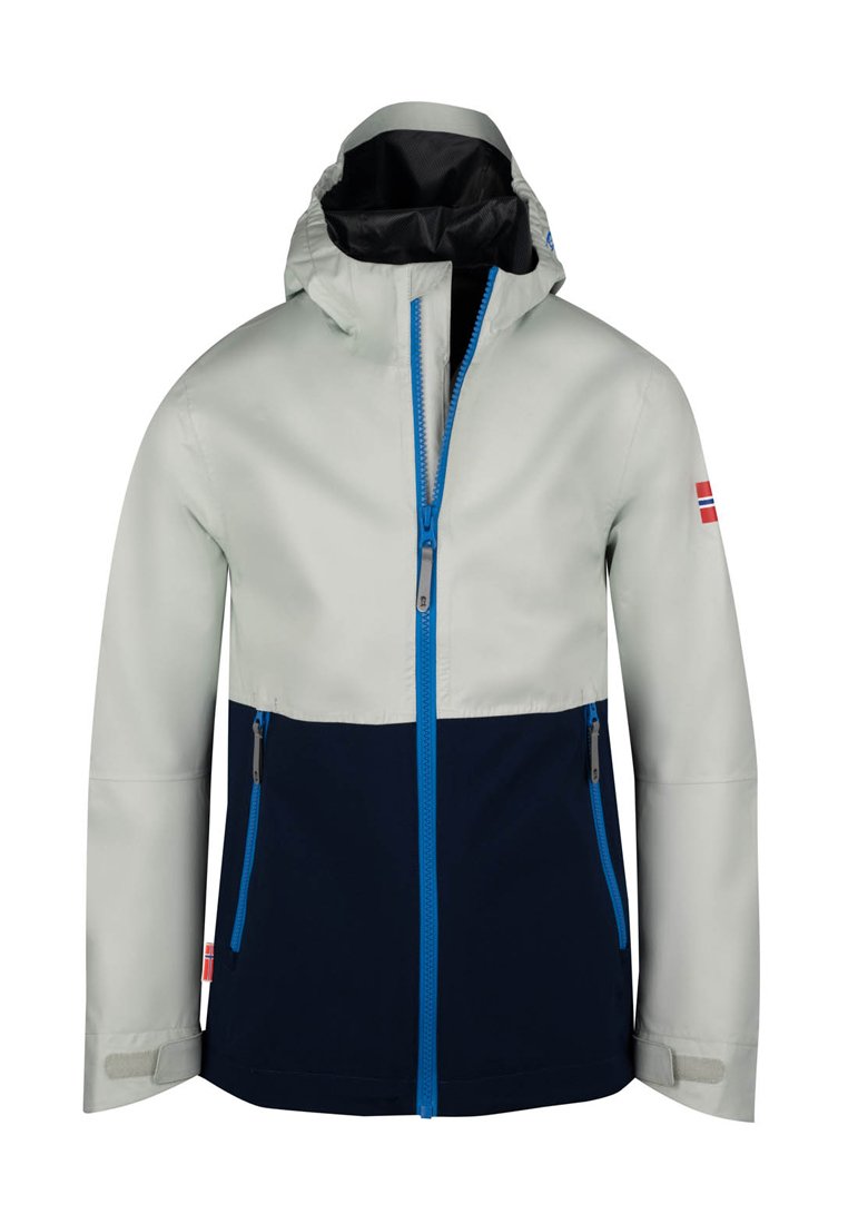 Wasserdichte Jacke mit einem hellgrauen Oberteil und einem marineblauen Unterteil, mit blauen Reißverschlussakzenten und zwei Seitentaschen.