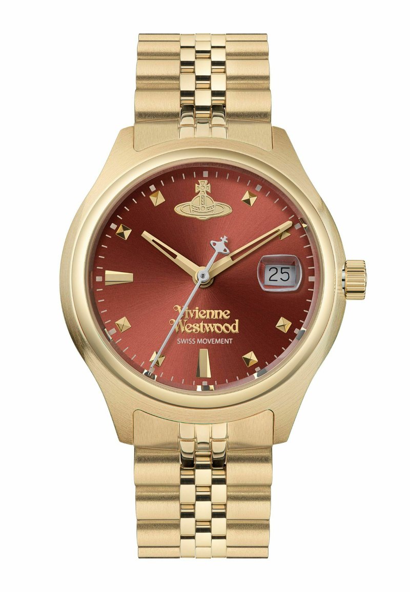 Reloj de pulsera tono dorado con un dial redondo burdeos, acentos dorados, una pantalla de fecha y una pulsera de eslabones metálicos. Movimiento suizo en su interior.