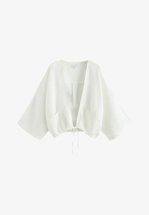 White, loose-fit kimono-style jacket with wide sleeves, V-neck opening, and adjustable drawstring at the hem.