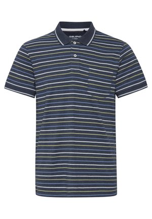 Striped polo shirt in navy, featuring thin green, light blue, and white stripes. Short sleeves, collar, and left chest pocket.