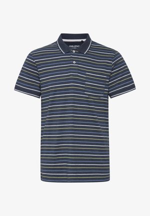 Stripet polo skjorte i marineblå, med tynne grønne, lyseblå og hvite striper. Korte ermer, krage og brystlomme til venstre.
