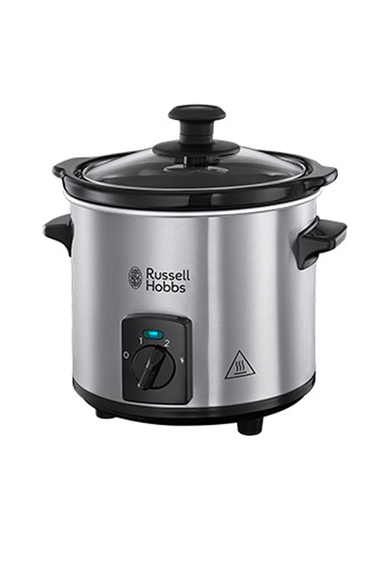 Crock pot in acciaio inossidabile compatto con manici neri, coperchio in vetro, manopola della temperatura e logo Russell Hobbs sul davanti.