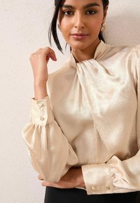 Bežs satīna blūze ar augstu apkakli, sašūtām piedurknēm un pogājamiem apročām. Iztēlo maigu spīdumu un teksturētu audumu. Nav izdrukas vai grafikas.