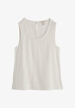 Varrukateta valge krinkeldunud puuvillast topp ümar kaelusega ja väikese tagumise avaga, millel on Seasalt Organic Cotton silt.