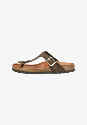 Brown suede thong sandal with a cork sole, featuring a metal buckle detail and textured rubber outsole for grip.
