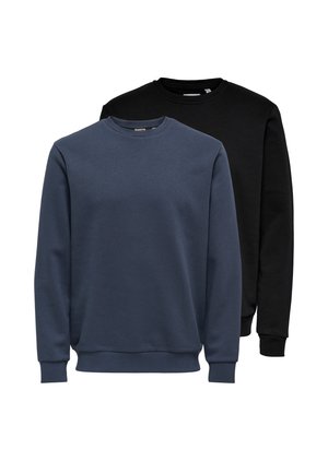 Due felpe a maniche lunghe con scollo rotondo, una blu scuro davanti e una nera dietro, entrambe con polsini e orli a costine.