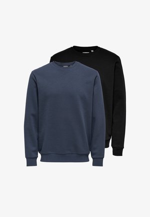 Zwei Sweatshirts mit Rundhalsausschnitt und langen Ärmeln, eines dunkelblau vorn und eines schwarz dahinter, beide mit gerippten Bündchen und Säumen.