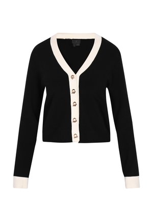 Sort cropped cardigan med V-hals, cremede knapstolpe og seks guldfarvede knapper. Har lange ærmer og cremede detaljer.