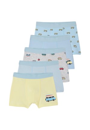 Set of five boys’ boxer briefs in pastel shades, featuring blue waistbands and van and stripe patterns.
