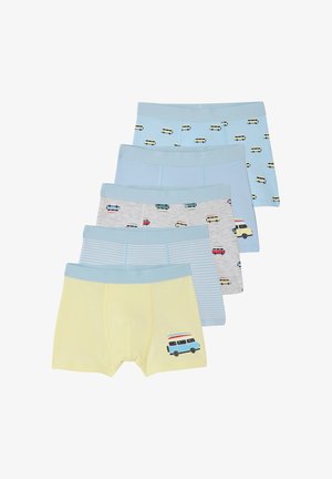 Set mit fünf Boxershorts für Jungen in Pastellfarben, mit blauen Bundsäumen und Mustern aus Van- und Streifenmotiven.