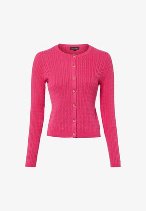 Pink cable-knit cardigan with long sleeves, round neckline, and front button closure with eight wooden buttons.