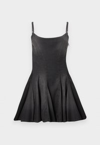 Μαύρο τζιν αμάνικο φόρεμα με εφαρμοστή μπούστο, τετράγωνη λαιμόκοψη, φουσκωτή φούστα και ρυθμιζόμενους λεπτούς ιμάντες ώμων.