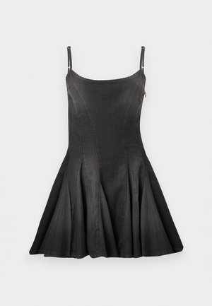 Black denim sleeveless dress with fitted bodice, square neckline, flared skirt, and adjustable thin shoulder straps.