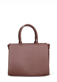 Bruine leren handtas met een gestructureerd oppervlak, twee bovenhandgrepen, metalen accenten en een gestructureerde rechthoekige vorm. Ritssluiting niet zichtbaar.