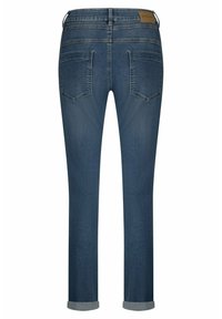 Denim jeans met een donkerblauwe wassing, rechte pijpen, omzetkanten en twee achterzakken. Bevat een tablogo op de tailleband.