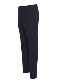 Marinblå byxor tillverkade av slät tyg, med knappstängning, smal passform och en enda bakficka. Klassisk passform.