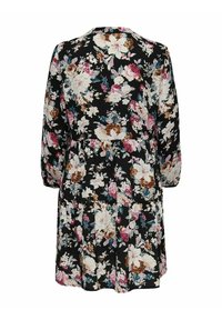 Floral dress with a black background, featuring pink, white, and brown flowers. Long sleeves, round neckline, and tiered skirt.