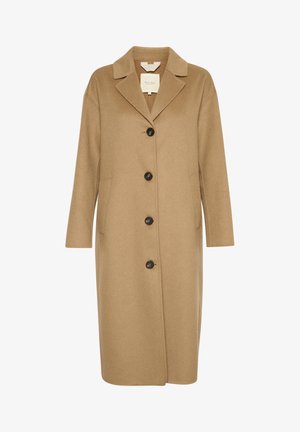 Kameli värvi villa ülikond, millel on nurgelise krae, ühe tõmbluku disain, viis musta nööpi ja kaks küljetaskut. Pehme tekstuur ja põlve pikkus.