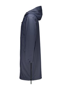 Navy waterproof raincoat with a hood, long silhouette, front pocket, and adjustable hem toggle. Smooth texture, minimal hardware details.