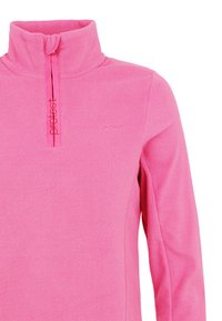 Pullover in pile rosa con colletto a mezza zip. Presenta una texture liscia e il nome del marchio "protest" stampato sul davanti in un colore rosa coordinato.