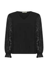 Czarna bluzka z dekoltem w kształcie litery V, z długimi przezroczystymi koronkowymi rękawami z detalami z cekinów i elastycznymi mankietami, wykonana z miękkiego materiału.