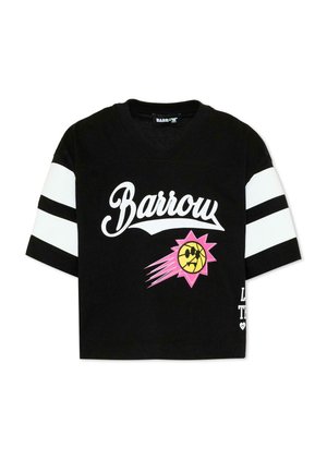 Czarna koszula z krótkim rękawem z białymi paskami na rękawach, białym napisem "Barrow" oraz różowo-żółtą grafiką słońca z twarzą na przodzie.