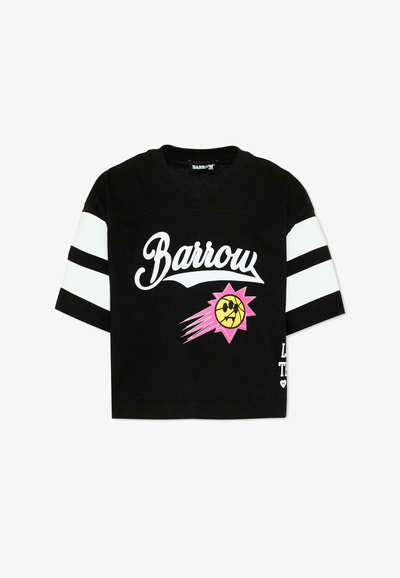 Chemise noire à manches courtes avec des rayures blanches sur les manches, texte "Barrow" en blanc et un graphique d'un soleil rose et jaune avec un visage sur le devant.