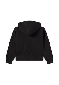 Felpa nera con cappuccio, maniche lunghe, polsini e orlo ribattuti, realizzata in un tessuto morbido. Presenta un design semplice e uniforme senza dettagli prominenti.