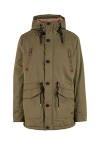 Olive green jacket with a hood, featuring a faux fur lining, two front pockets, and a zippered chest pocket. Equipped with toggles and buttons.