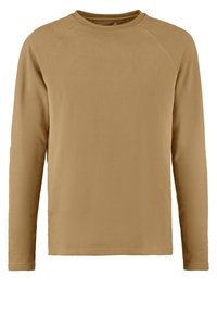 T-shirt à manches longues, col rond, de couleur beige-marron, fabriqué dans un matériau doux avec une texture lisse et des manches raglan.