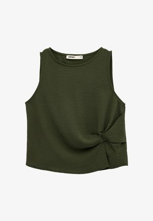 Mouwloze donkergroene textuur crop top met ronde halslijn en zijstrikdetail aan de rechterkant.