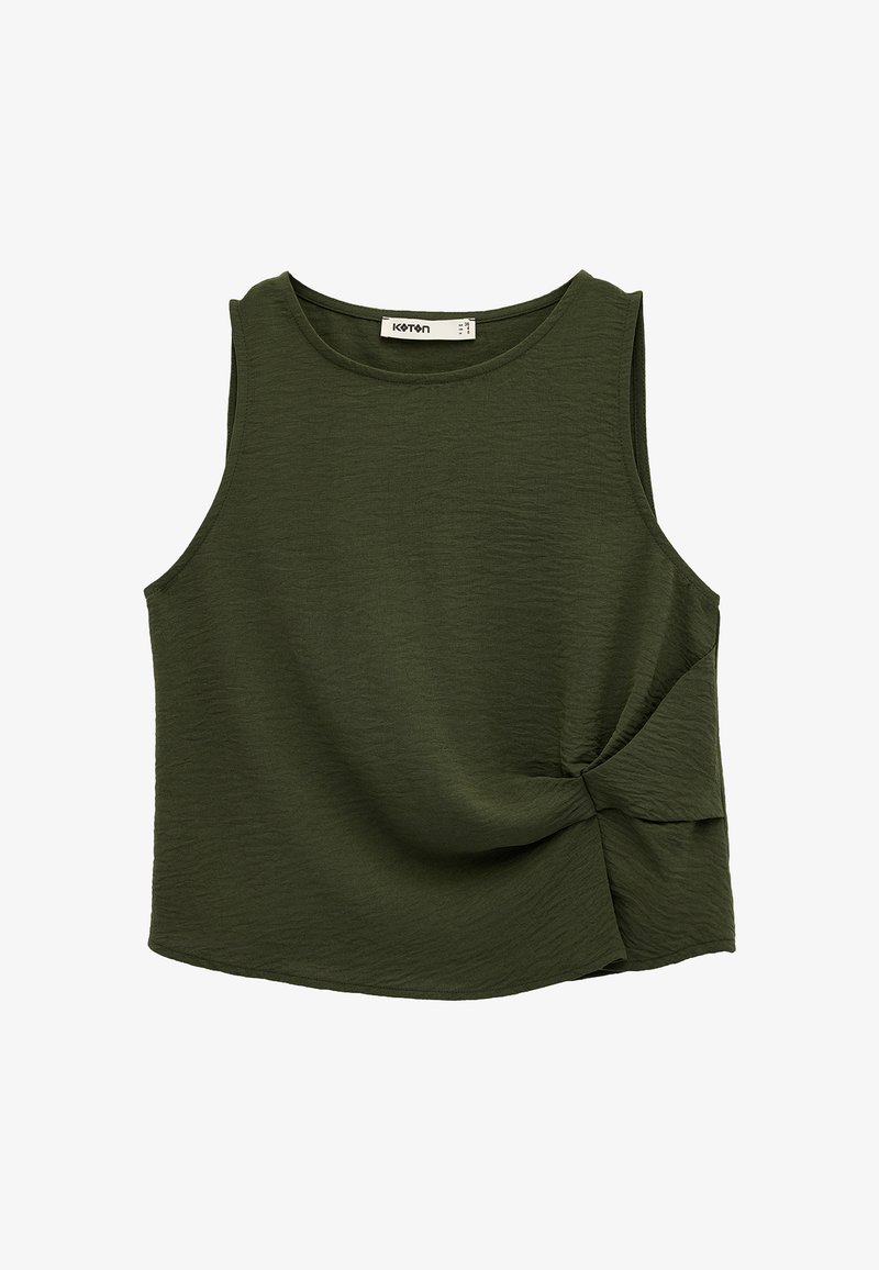 Bezrękawnik w ciemnozielonym kolorze o fakturowanej powierzchni, z okrągłym dekoltem i detalem w postaci wiązania po prawej stronie.