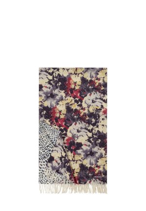 Bunt gemusterte Blumenwurfdecke mit weicher Textur, fransigen Kanten und einer Rückseite im Leopardenprint-Muster in Grautönen.