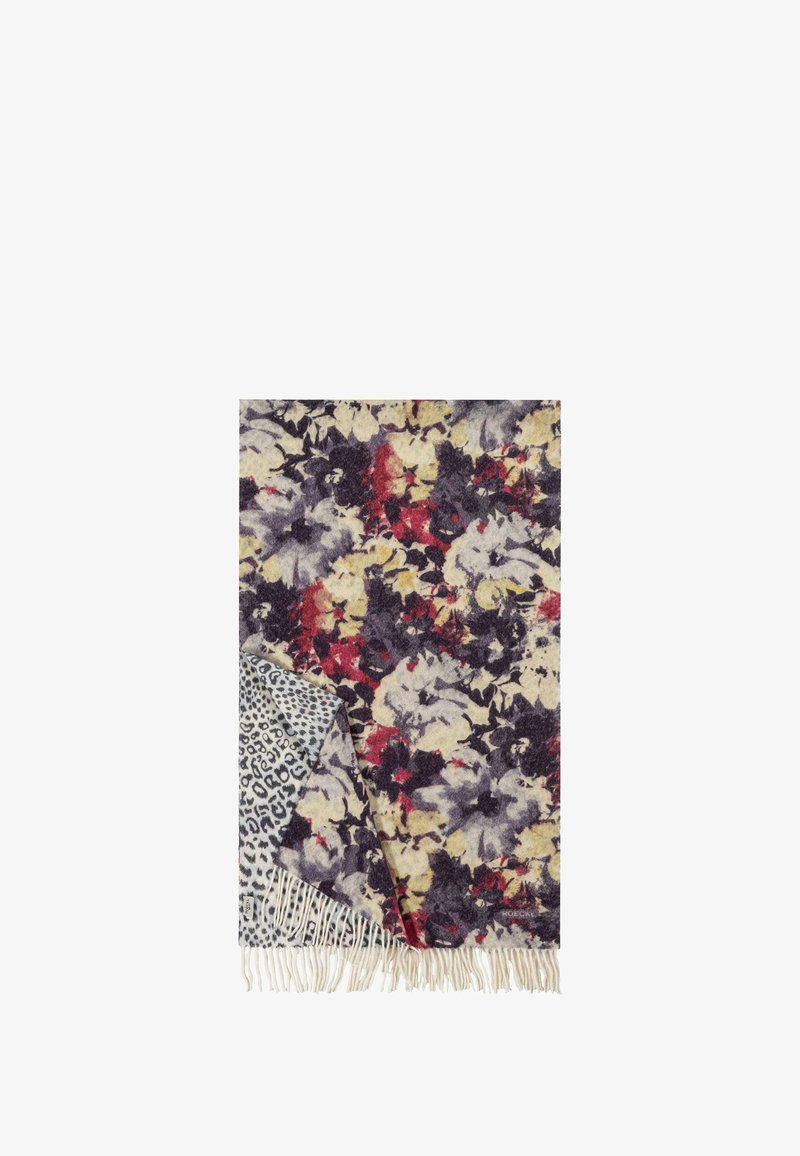 Bunt gemusterte Blumenwurfdecke mit weicher Textur, fransigen Kanten und einer Rückseite im Leopardenprint-Muster in Grautönen.