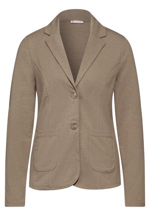 Damenblazer in Taupefarbe mit langen Ärmeln, zwei Knöpfen, zwei aufgesetzten Fronttaschen und einem Reverskragen mit Kerbe.