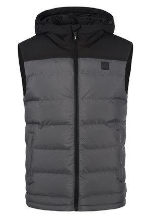 Padded vest with a hood, featuring a black upper section and gray lower section, made of smooth fabric with a front zipper and side pockets.