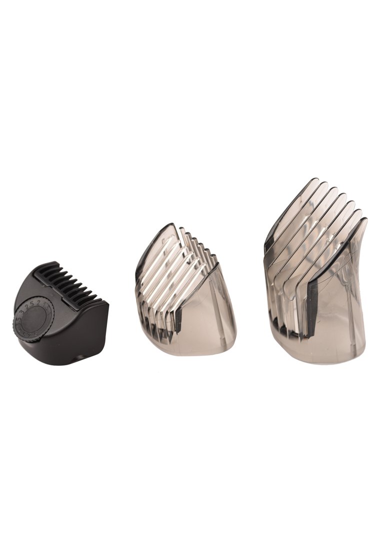 Conjunto de peines guía para cortadoras de pelo de diferentes tamaños. Incluye una pieza negra con ajustes numerados y peines grises translúcidos con bordes suaves.