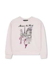 Felpa rosa con una grafica frontale che mostra due modelli su una strada parigina, con la Torre Eiffel illustrata sopra.