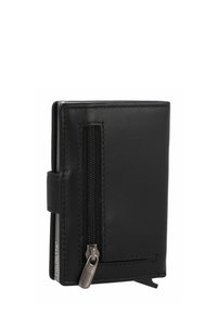 Portafoglio in pelle nera con tasca per monete con zip, design elegante, profilo piatto e dettagli cuciti, dotato di un piccolo tirazip in argento.