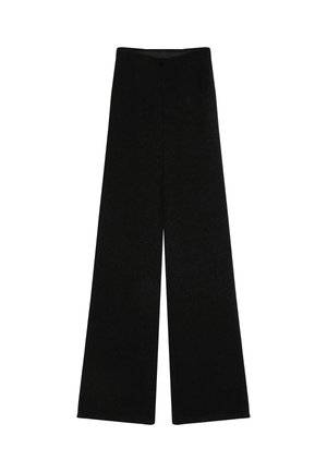 Pantalones de pierna ancha en negro, confeccionados con una tela texturizada, que cuentan con una cintura alta y un acabado suave, adecuados para diversas opciones de estilismo.